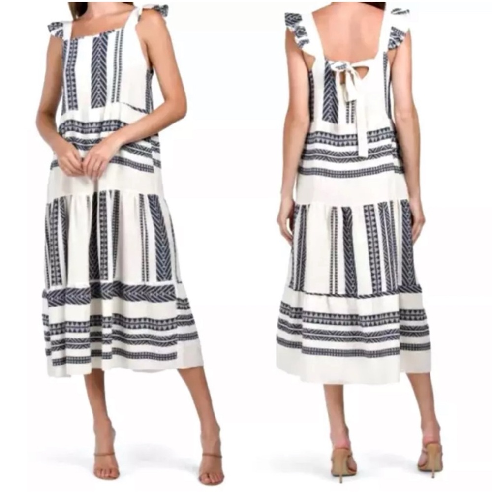 Caterina Ricci Dress Navy Blue & White Ruffle Tie Back Sleeveless Dress Medium - Picture 1 of 12